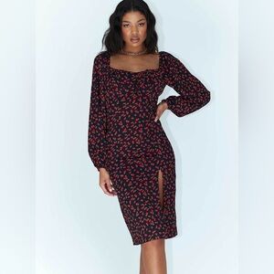 Princess Polly Ezra Red Floral Pattern Black Puff Sleeve Midi Dress Side Slit